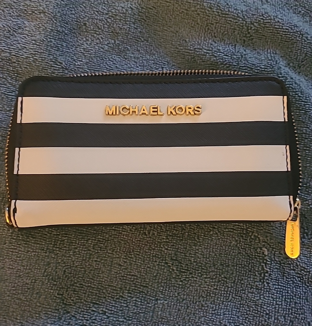 Michael Kors Black and White Striped Zip Around Wallet